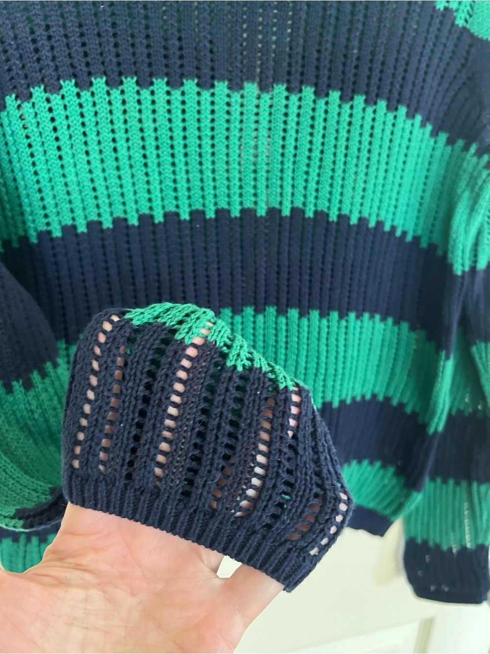 LOFT Green & Navy Striped Open Knit Cotton Sweater Size Medium - Picture 5 of 9